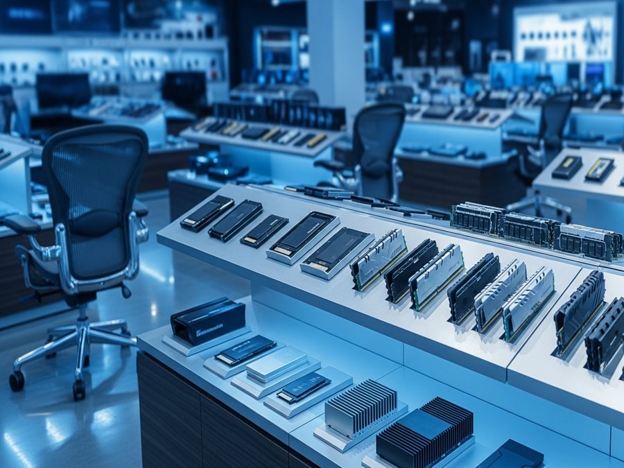 Componentes de cómputo y sillas en tienda moderna